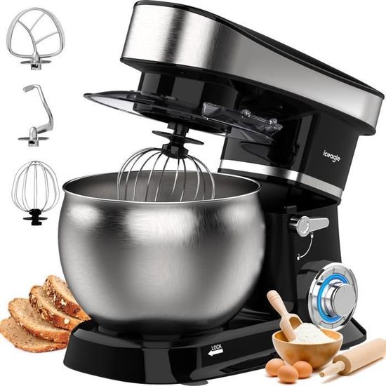 Robot Pâtissier 4 L 700 W - Bol Inox, Tête Inclinable, 6 Vitesses - Avec Crochet Pétrin, Fouet Et Cuillère