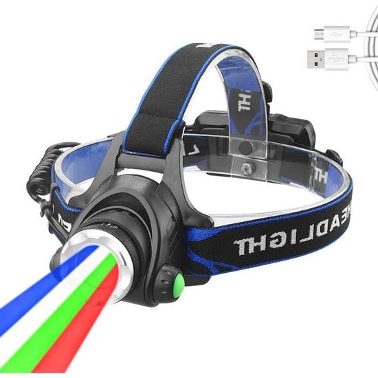 Lampe Frontale LED 10000 Lumen – USB Rechargeable – 4 Couleurs (Blanc/Rouge/Vert/Bleu) – Chasse