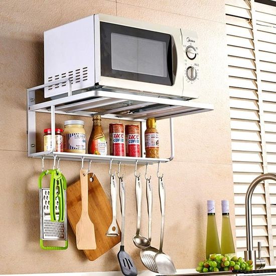 Support Mural Pliable LOKEKE En Acier Inoxydable Pour Micro-Ondes - Réglable 220-400mm Avec Crochets, Charge 50kg