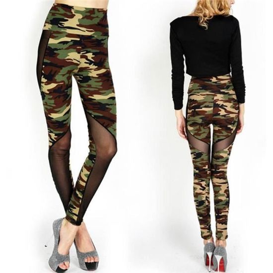 Femme Legging Extensible Camouflage Épissage Gaze Noir Patchwork Taille Haute