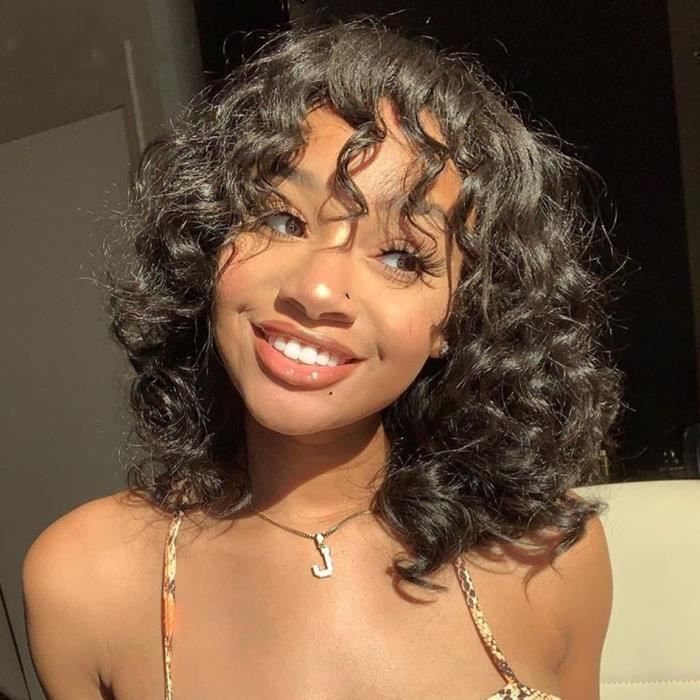 16- Perruque Bob Bouclée Brésilienne Remy Avec Frange Cheveux Naturels Fait Machine