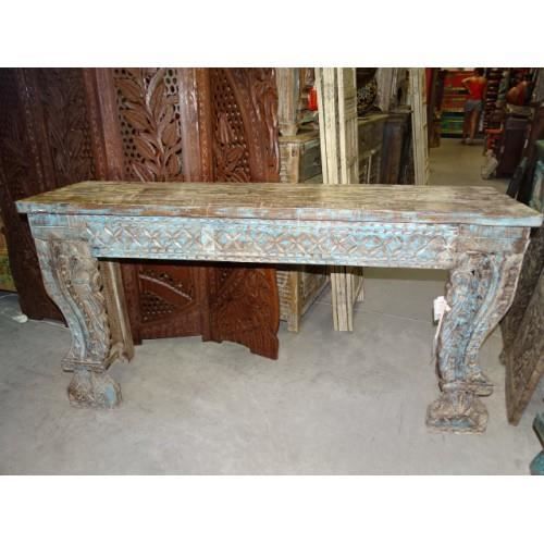 Vieille console indienne sculptée et patinée de couleur turquoise