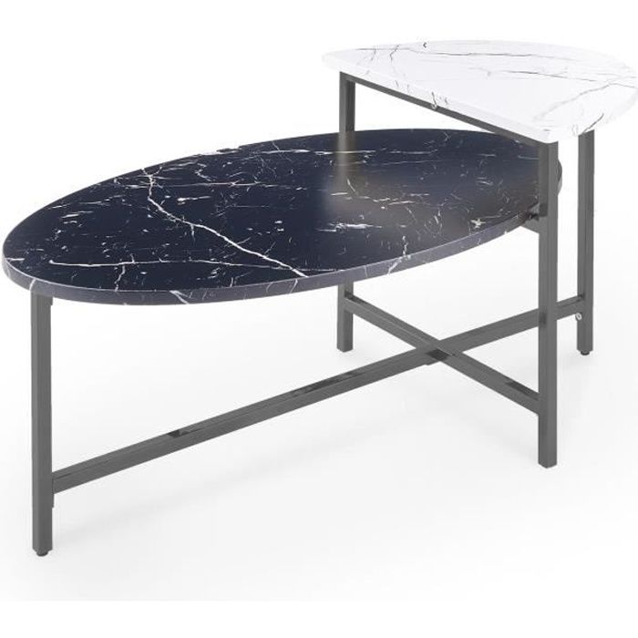 NEPTUNE - Table basse ovale muni de double plateaux en bois imitation marbre