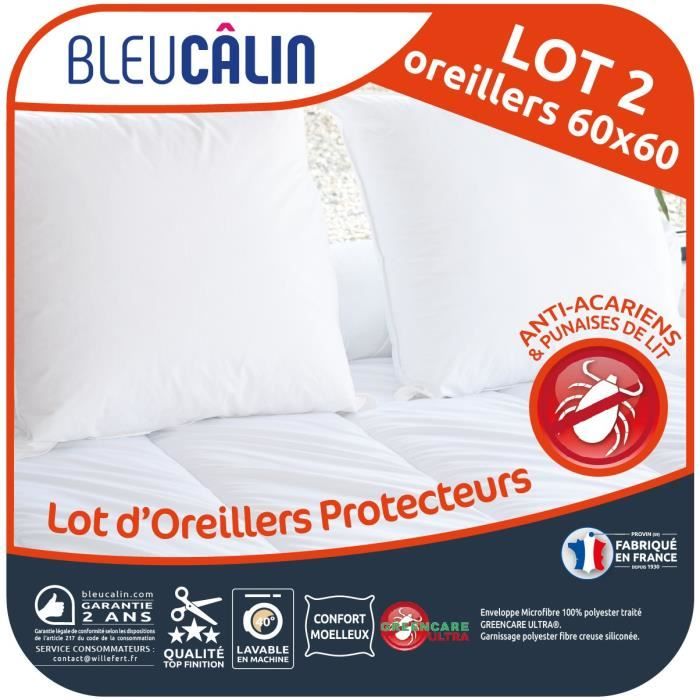 BLEU CALIN Lot de 2 Oreillers 60x60cm Protecteurs Anti-punaises de lit et Anti-acariens – Blanc
