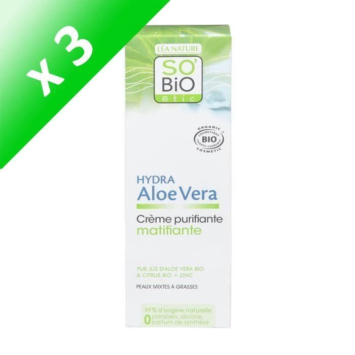 Lot De 3 - SOBIO Crème matifiante et purifiante - Aloe Vera - Bio - 50 ml - Hydrate intensément