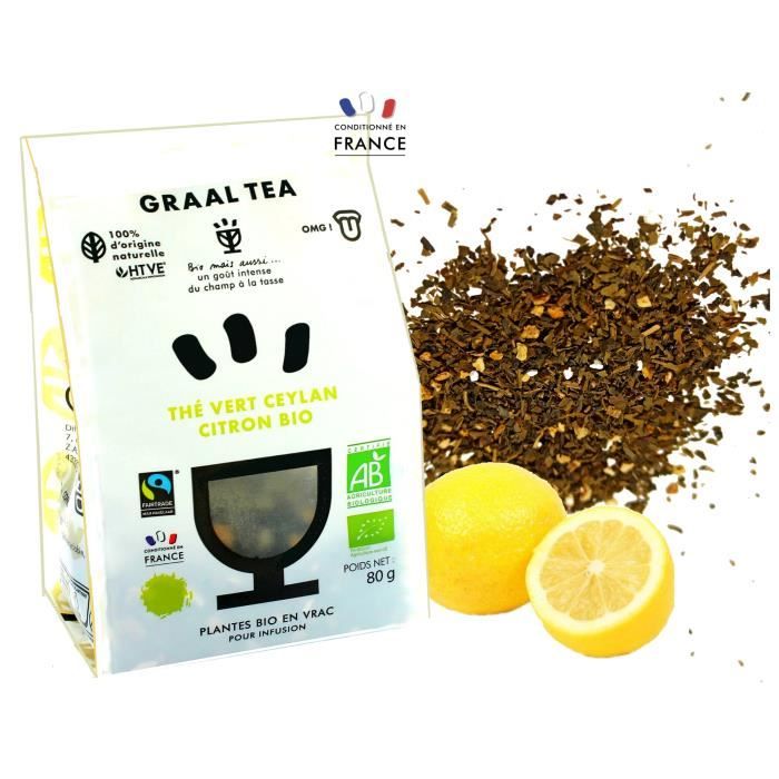 GRAALTEA THÉ VERT CEYLAN CITRON Bio & Équitable - Plantes bio en vrac - 1 paquet x 80 grammes