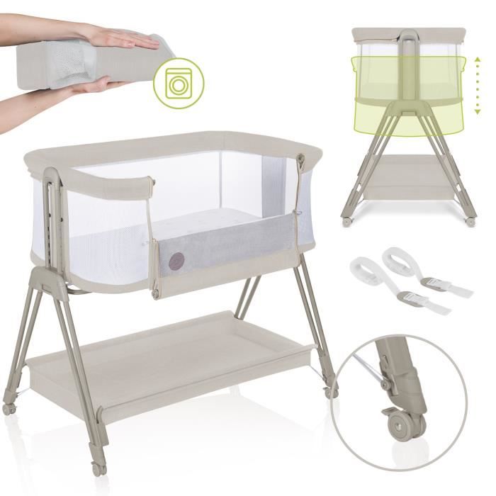 Lionelo Luna, lit bebe indépendant, cododo avec matelas, co-sleeping, du nouveau-né à 9 kg. Hauteur et inclinaison réglables - Beige