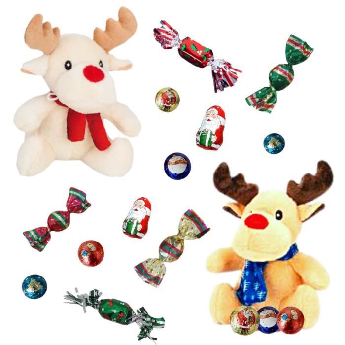 2 peluches rennes accompagnées d'un sachet de 20 chocolats de Noël