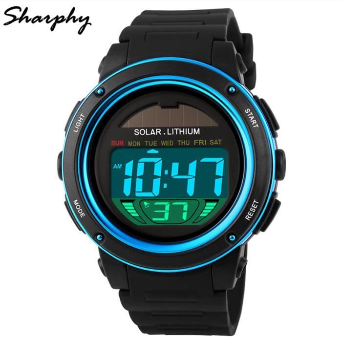 SHARPHY Solaire Montre Homme de Marque affichage numérique LED Watch étanche Sport Horloge Couleur Bleu