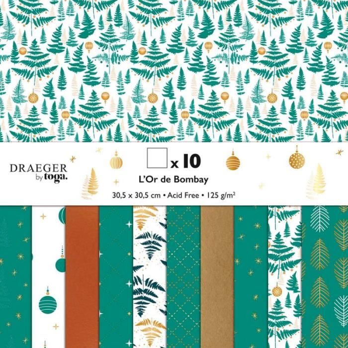 Papier Scrapbooking Toga - Motifs verts et dorés - 30,5 x 30,5 cm - 10 pcs