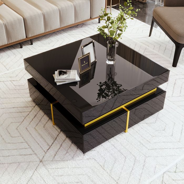 Table basse salon avec 2 tiroirs rangement Style minimaliste et luxueux Table dappoint 70x70x355cm Noir brillant
