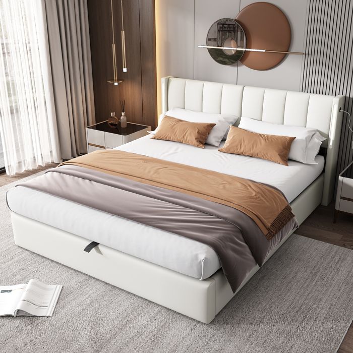 Lit Coffre Lit Double Rembourré 180×200 Cm Avec Table De Chevet Lampe De Lecture Et Chargeur Usb Type C Ensemble Beige Blanc