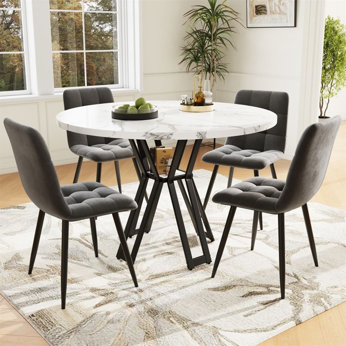 Ensemble Table de Salle à Manger avec 4 ChaisesTable de Cuisine Ronde de 100 cmChaises de Salon en Velours Gris