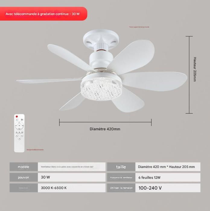Ventilateur lumineux Ventilateur lumineux à six pales 30 W 42 cm pales blanches couvercle en cristal avec support de lampe - Nobrand