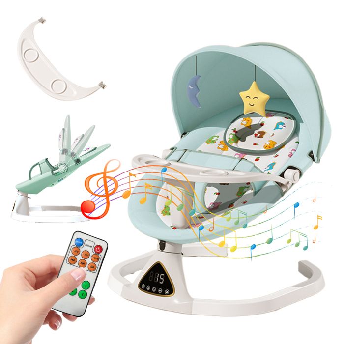 Chaise berçante électrique pour bébé 5 angles réglables pare-soleil anti-moustiques double alimentation.