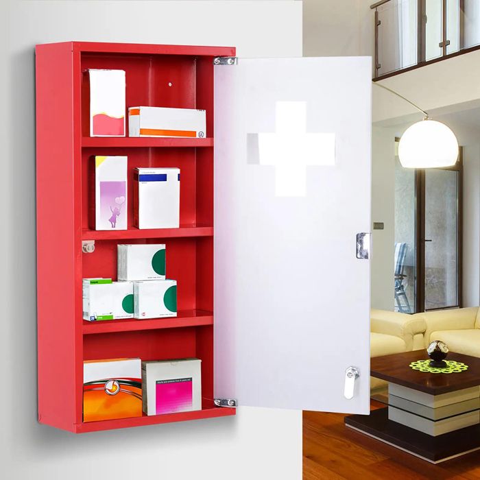 Armoire à pharmacie verrouillable 3 étagères en acier rouge 30 x 12 x 60 cm avec verre trempé