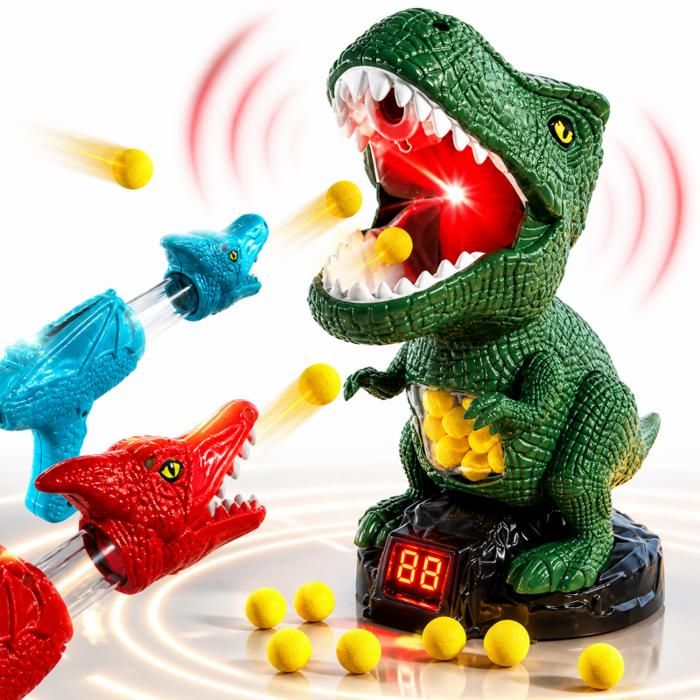 Jeu De Tir Dinosaure Avec 2 Pistolets à Air Et 24 Balles En Mousse – Mode Statique Et Mobile, Rugissements LED