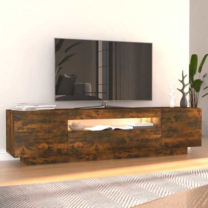 NEUF Armoire TV - Brun - Meuble TV - TABLE TV - avec lumières LED - Chêne fumé 160x35x40 cm - TT3867