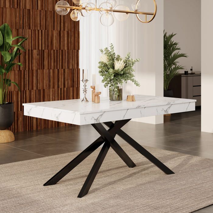 Table à manger extensible - MODERNLUXE - 140/180x80x76 cm - Pour 6 à 8 personnes - Plateau épais - Pieds en métal - Blanc