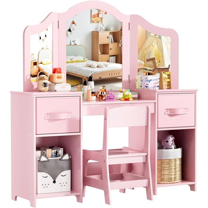 Coiffeuse 2 en 1 pour Enfant avec Miroir Amovible - Coiffeuse Princesse avec Chaise - en Bois Rose Coiffeuse 2 en 1 pour Enfant avec Miroir Amovible - Coiffeuse Princesse avec Chaise - en Bois Rose