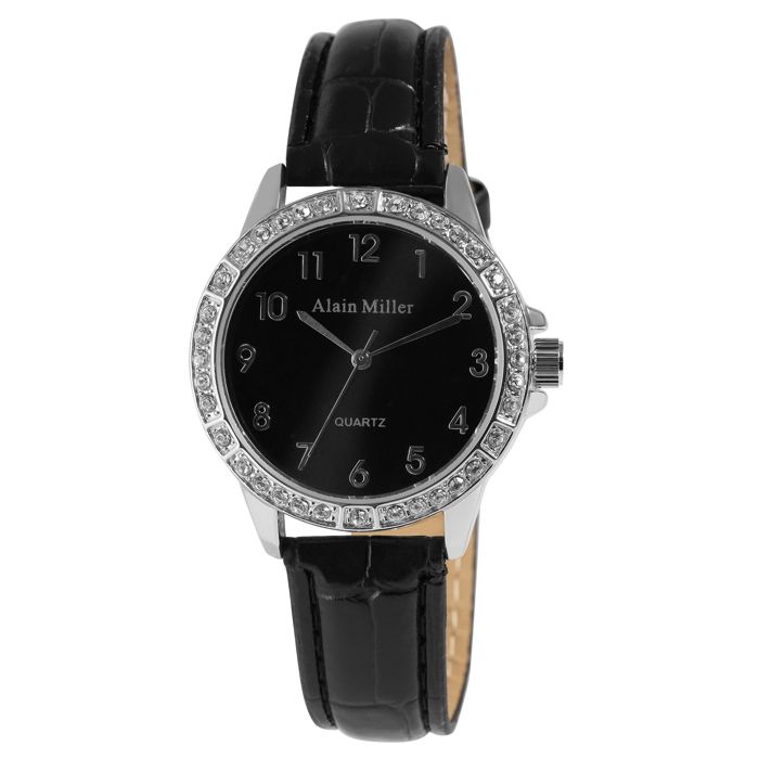 Montre femme - Alain Miller - Bracelet similicuir noir - Boîtier acier inoxydable argenté - Verre minéral
