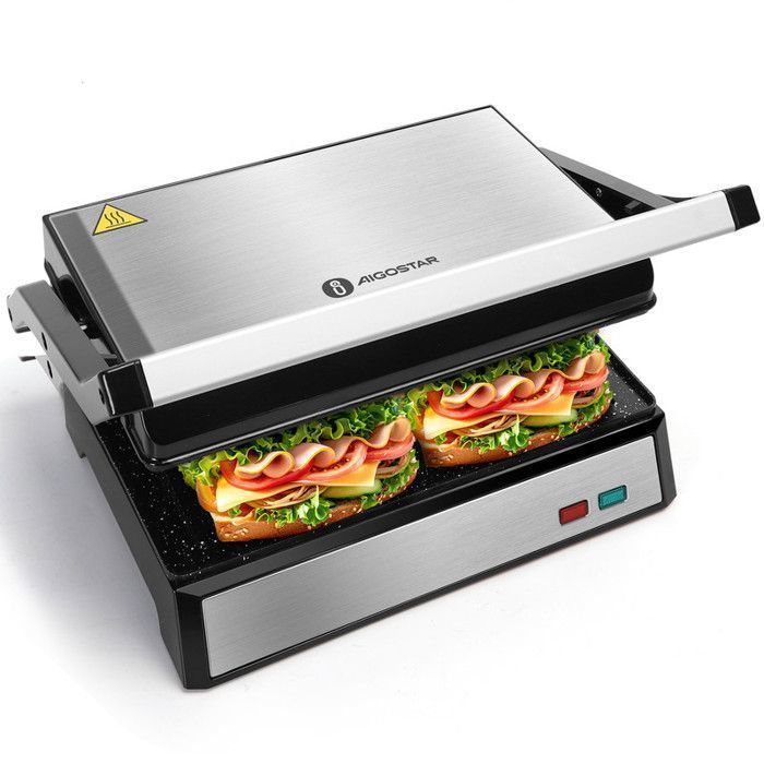 Aigostar Grill 1500W Machine à Panini Revêtement Céramique Anti-adhésifOuverture 180° PlaqueSans PTFE PFOABac à Graisse Amovible