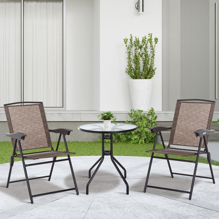 Ensemble salon de jardin - AKOZON - 6618 - 2 places - Chaises pliables 4 positions - Table ronde verre trempé