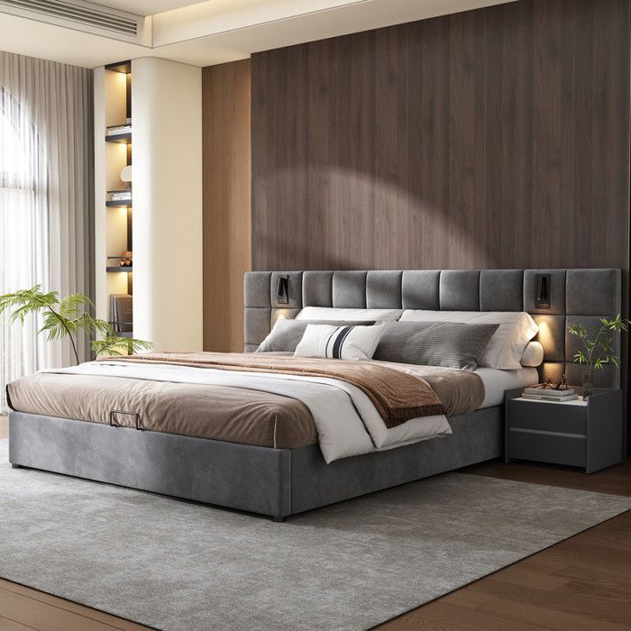 Lit rembourré 180x200 cm lit coffre avec lampe orientable et prise USB motif en damier structure en acier sans table de chevet