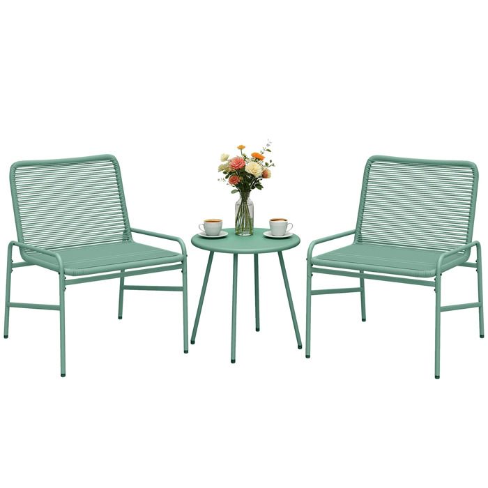 Salon de jardin extérieur - Outsunny - 3 pièces table ronde 2 chaises pieds ajustables - résine tressée acier - 58x67x75cm - vert