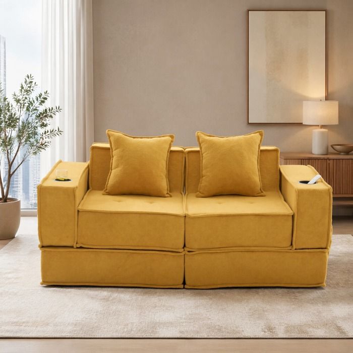 Canapé convertible 2 places modulable EVRYAE 162 x 78 x 66 cm avec rangement latéral chenille jaune moutarde