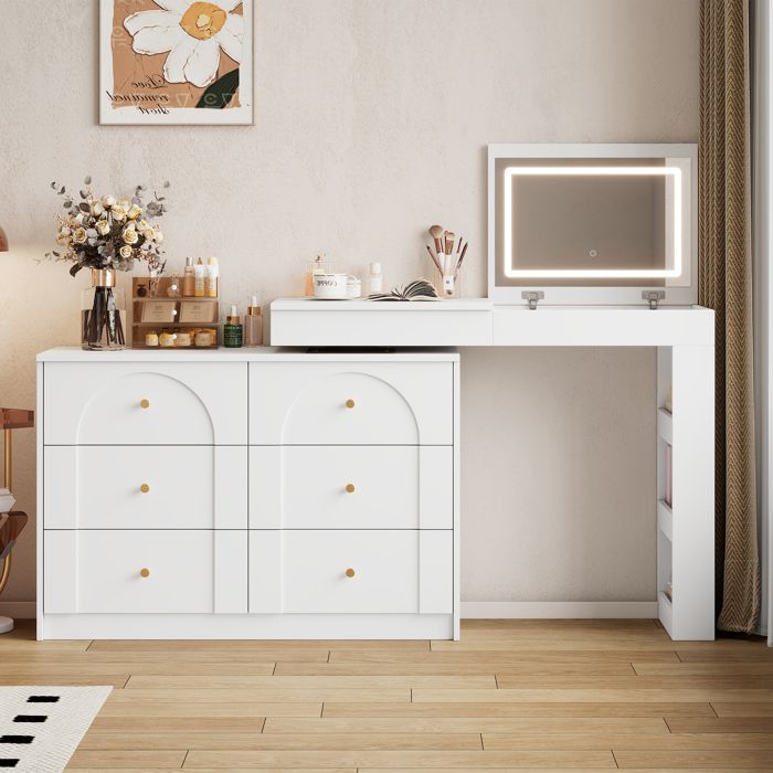 Coiffeuse blanche pivotante 105x40x80 cm table de maquillage avec miroir LED 3 couleurs 7 tiroirs bureau en L et rangement ouvert