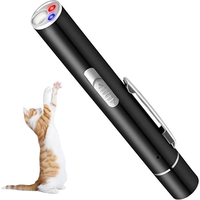 Jouet laser pour chats – Rechargeable USB 3 modes lumière (rouge/bleu/blanc) – Pour jeux interactifs intérieur/extérieur – Noir