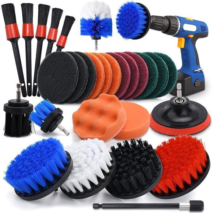 Brosse Perceuse Nettoyage Rotative 28PCS pour Voiture Jantes Baignoire Carrelage Cuisine Canapé Coins et Barbecue