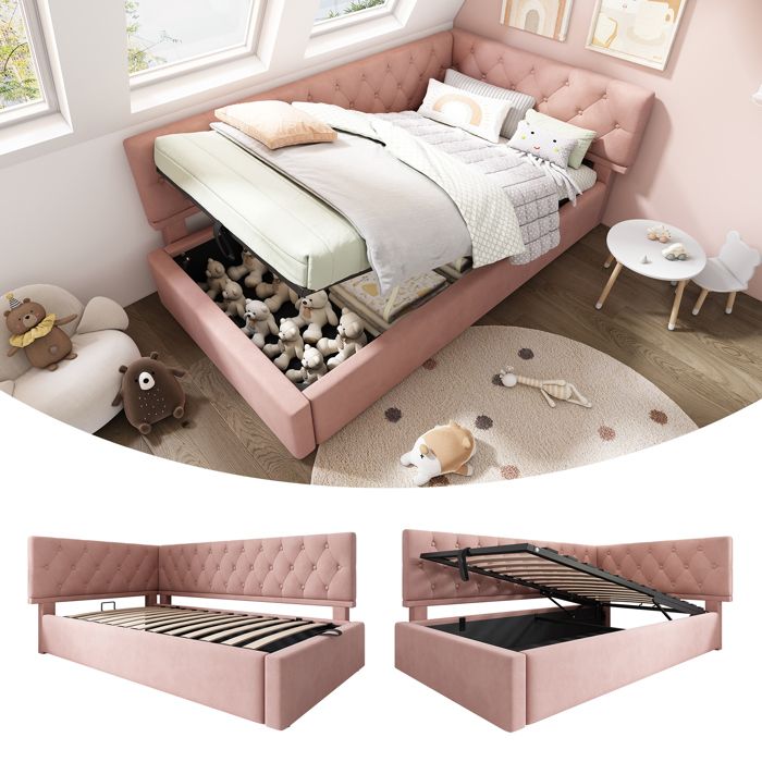 Lit de jour rembourré - Velours rose - 90x200 cm - Espace de rangement hydraulique - Design moderne en L