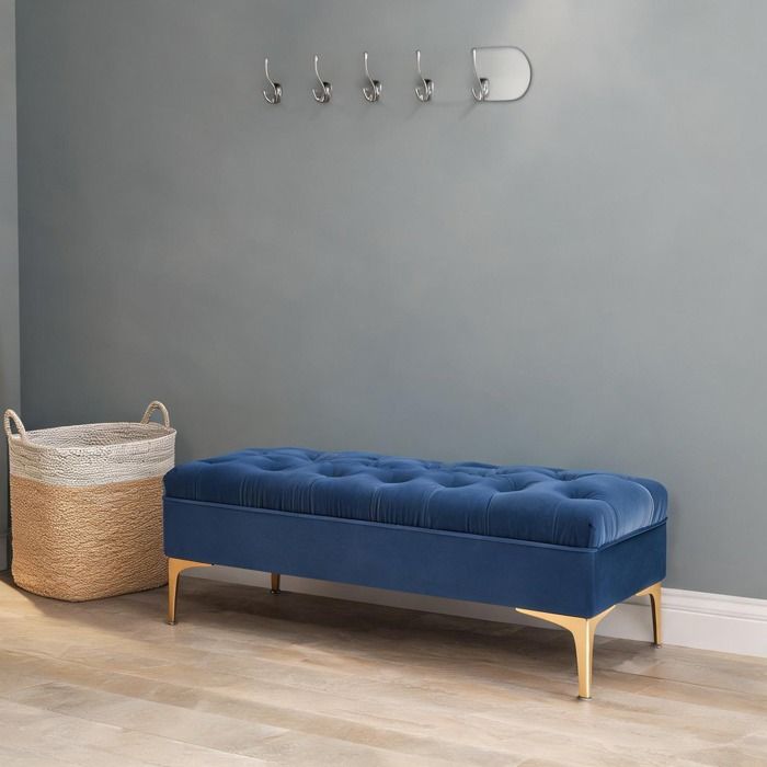 Banc de rangement en velours bleu avec pieds dorés 118 x 45 x 42 cm style élégant pour chambre ou entrée