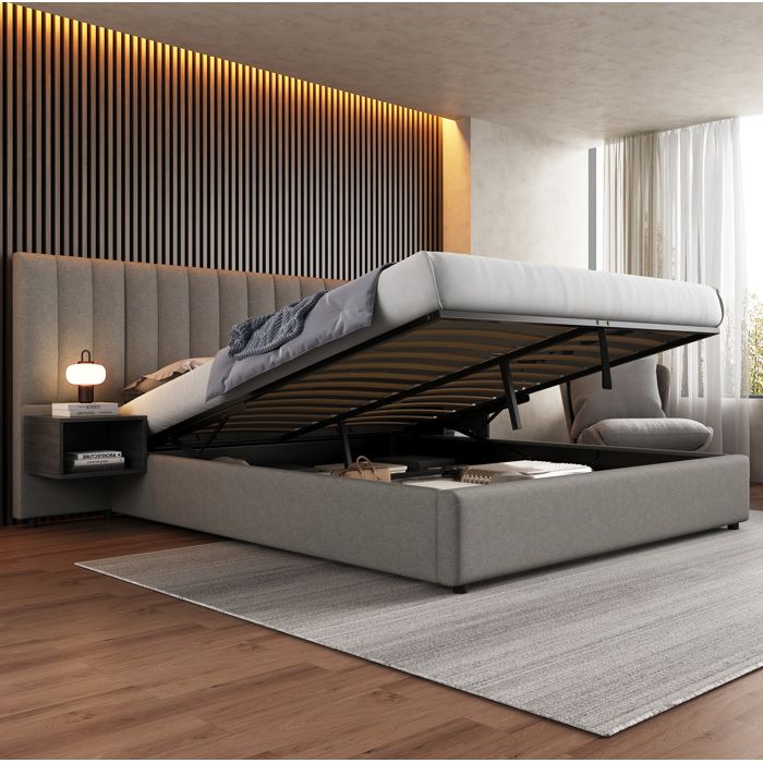 WOVREO Lit coffre 180 x 200 cm avec rangement hydraulique 2 tables de chevet sommier à lattes gris et noir
