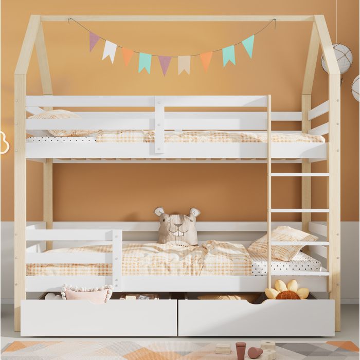 Lit superposé enfant 2 places 90×200 cm forme maison tiroirs et échelle - TCQPZ - sans matelas bois blanc et chêne