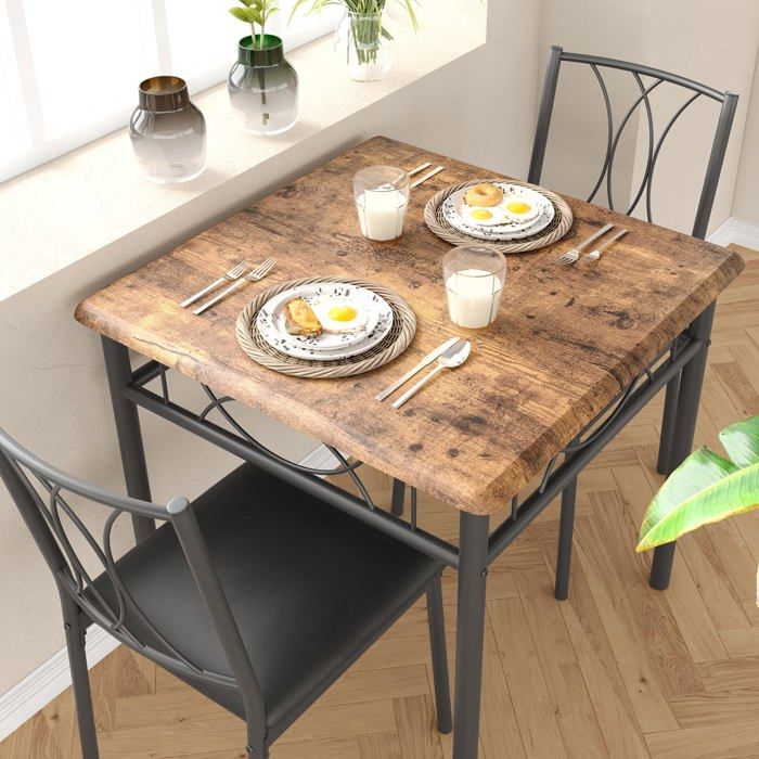 Ensemble table repas carré 2 personnes marron rétro 2 chaises rembourrées compact petit espace cuisine appartement