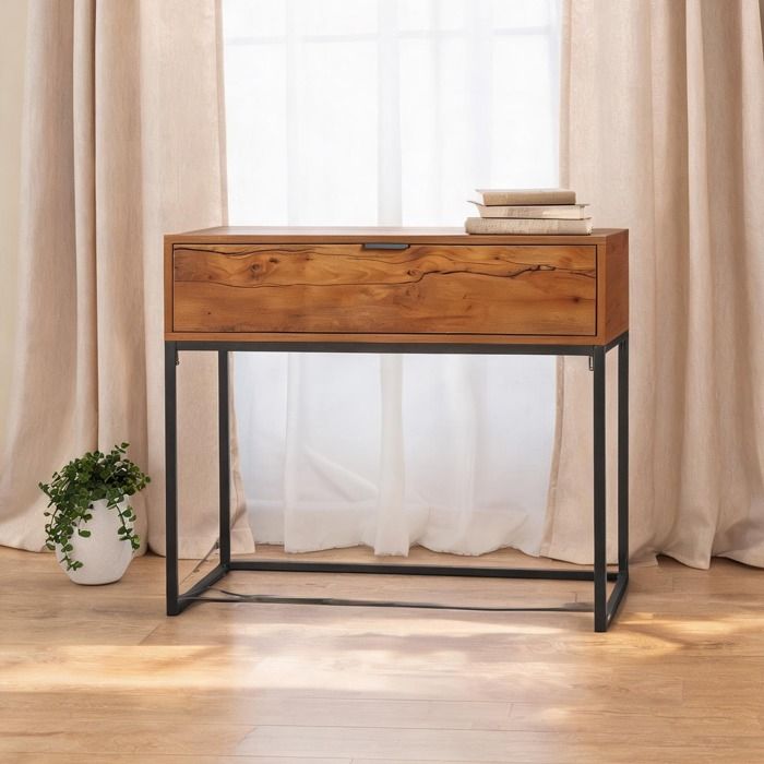 Console dentrée gain de place 80x30x76 cm en panneaux de particules organic natural et métal noir 1 tiroir style industriel