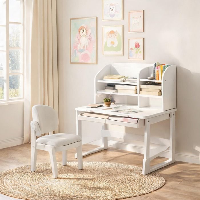 Ensemble bureau et chaise enfant avec rangements ouverts MDF blanc 60x48x68 cm