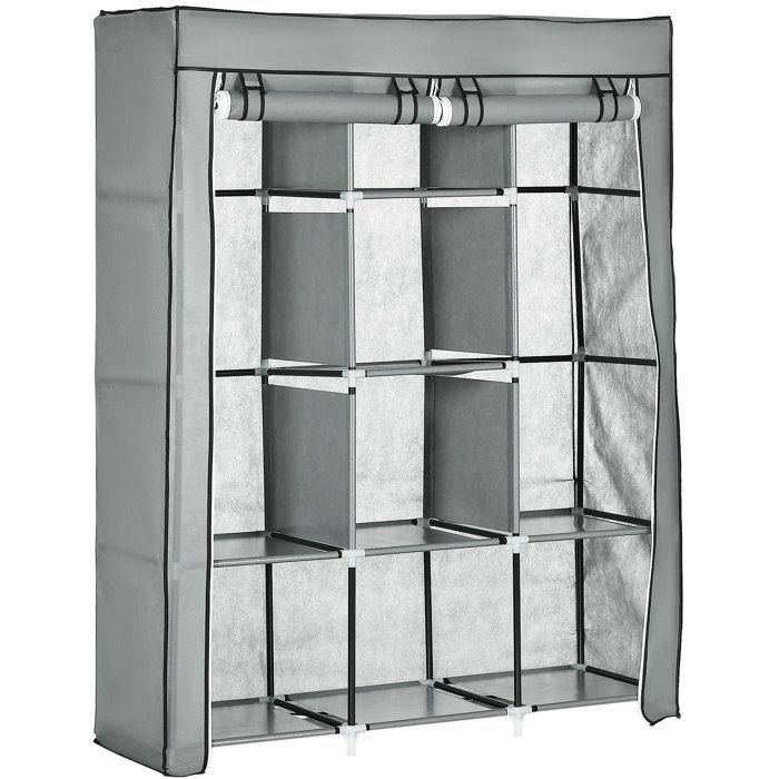 ELVORIN Penderie en tissu pliable 125 x 43 x 162 5 cm 2 barres de penderie 8 etageres gris clair structure en acier