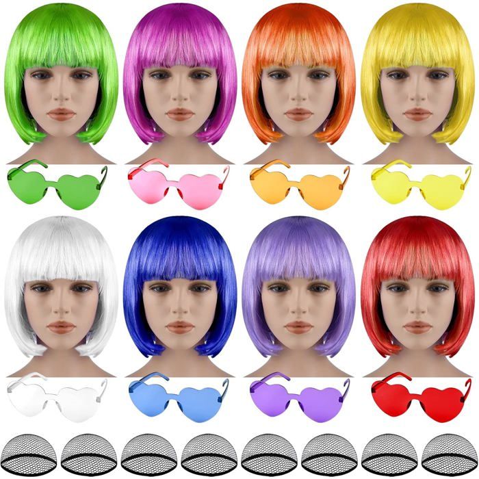 24 Pièces Perruques Bob Courtes Lunettes De Soleil Colorées Droites Colorées Funky Postiches Pour Femmes Décoration De Fête[CA104]