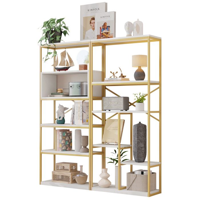 Étagère bibliothèque ouverte 160 x 29 5 x 180 cm métal et MDF style moderne minimaliste Gold et Blanc à monter soi-même
