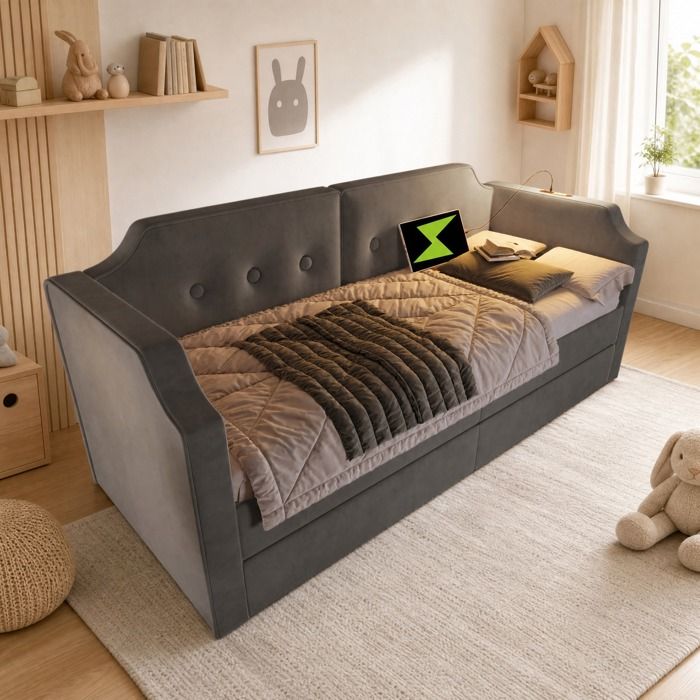 COVREO Lit tapissé 90x200 cm velours gris avec 2 tiroirs USB Type-C lampe de lecture sommier à lattes sans matelas