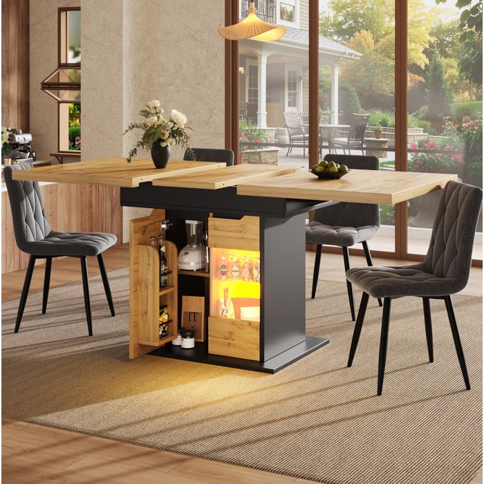 Table à manger extensible AESVAR 110-140 x 80 x 76 cm 4 à 6 personnes rangement central LED noir et naturel