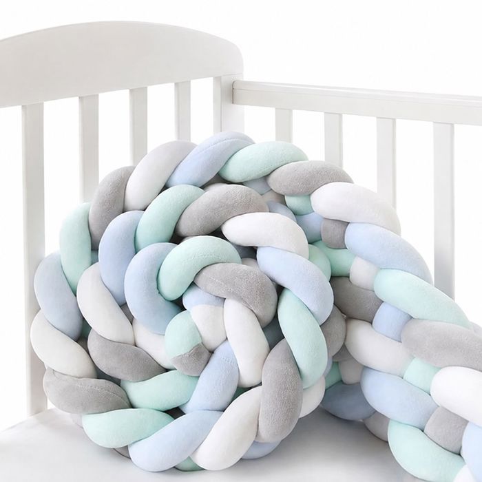 Tour de lit bébé – Tressé Protection Anti-choc Doux - Tricot main – Bébé Enfant Chambre – 2M Gris Blanc Bleu Vert