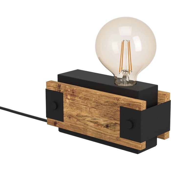Lampe de table Layham lampe vintage 1 flamme style industriel et rétro lampe de chevet en acier et bois lampe de salon noire