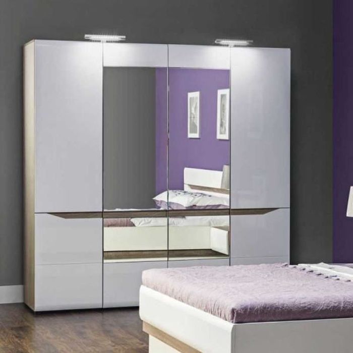 Armoire 4 portes Blanc/Chêne à LED ONIEL Blanc Bois L 198 x l