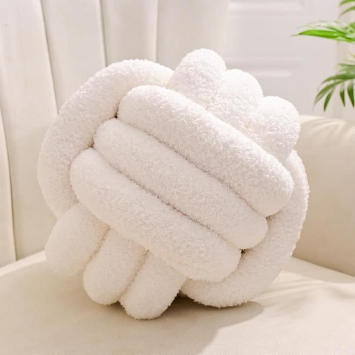 Coussin noeud boule beige, bleu marine, écru, décoration salon, cadeau de naissance - CréaMaga