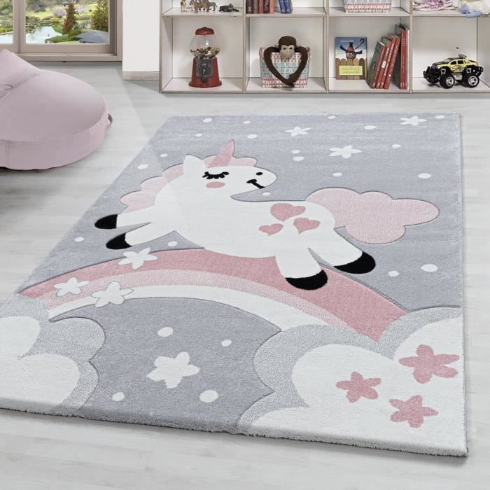 tapis pour enfants licorne arc en ciel tapis a poils courts rose gris blanc rose 120x170 cm achat vente tapis cdiscount